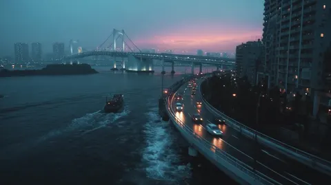 Tokyo waterside highway aerial